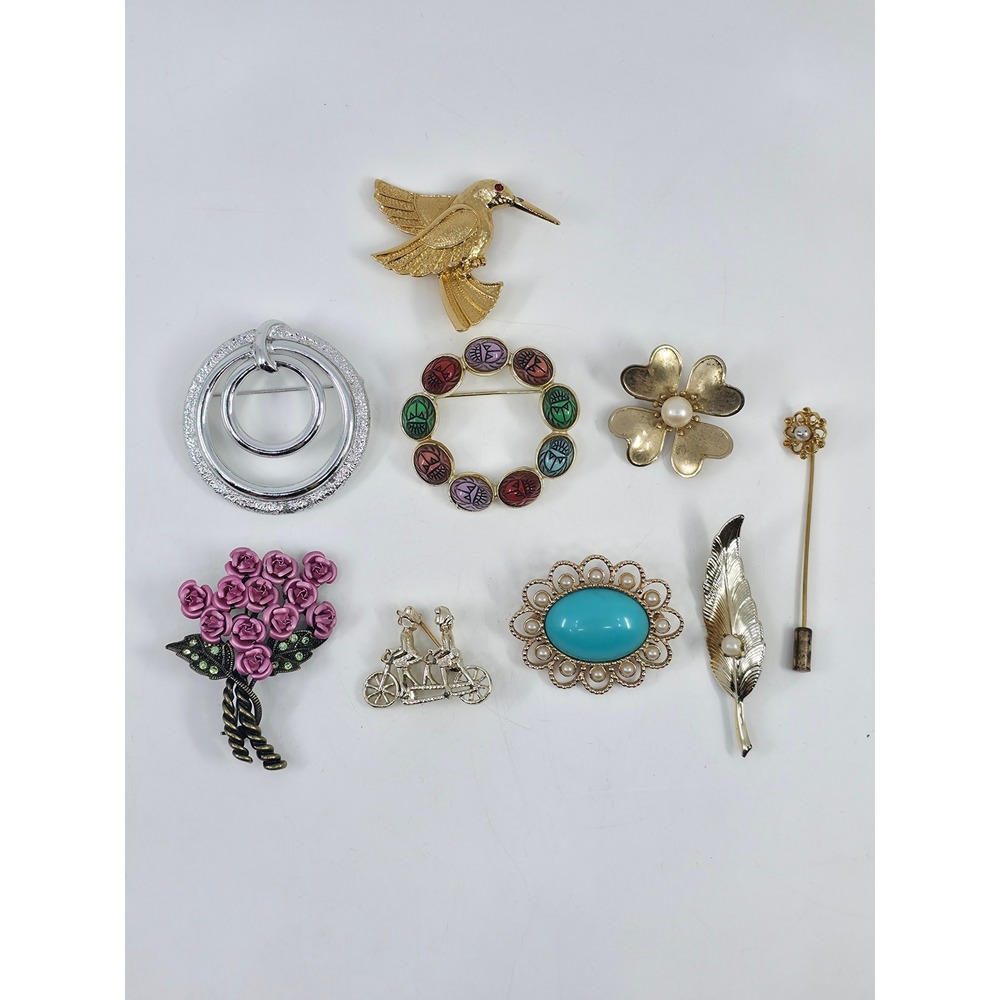 Vintage Brooch Lot Hummingbird Scarab Floral Turquoise Pearl Gold Silver Tone